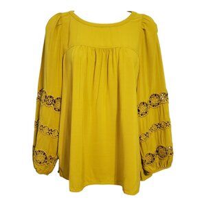 LOFT Eyelet Lace Balloon Sleeve Blouse Small Golden Yellow Boho Women's Top